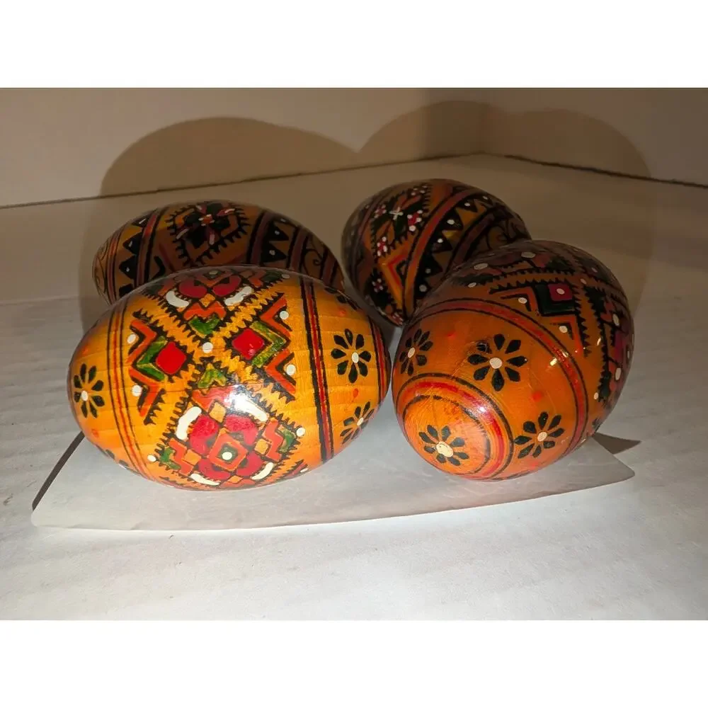 4 Vintage Authentic Ukrainian USSR Hand Painted Easter Eggs Petrykivka Pysanky 2